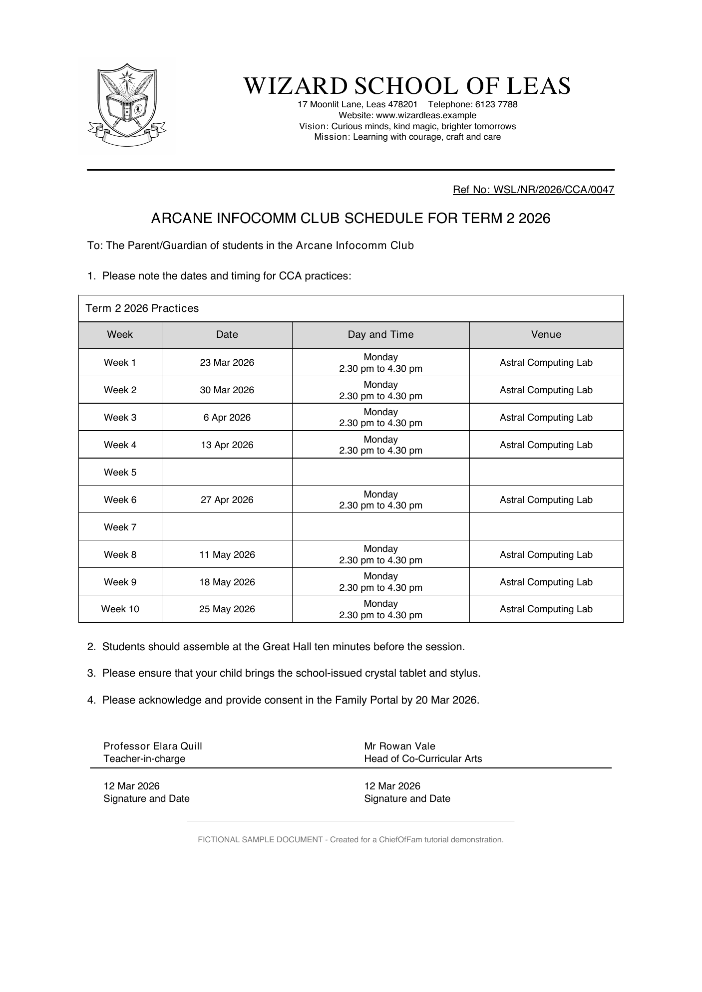 Fictional Wizard School of Leas CCA schedule with confirmed Monday sessions and blank Week 5 and Week 7 rows