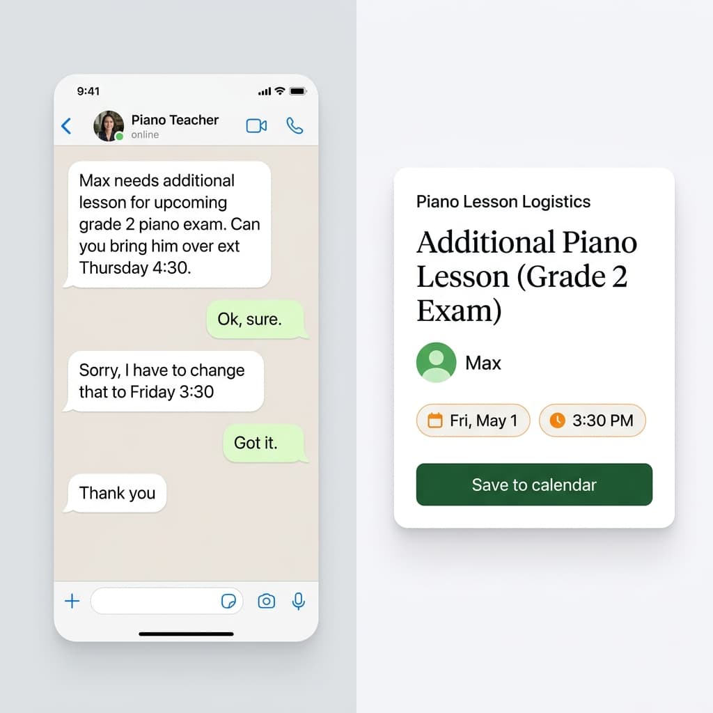 WhatsApp message converted into a reviewed calendar event
