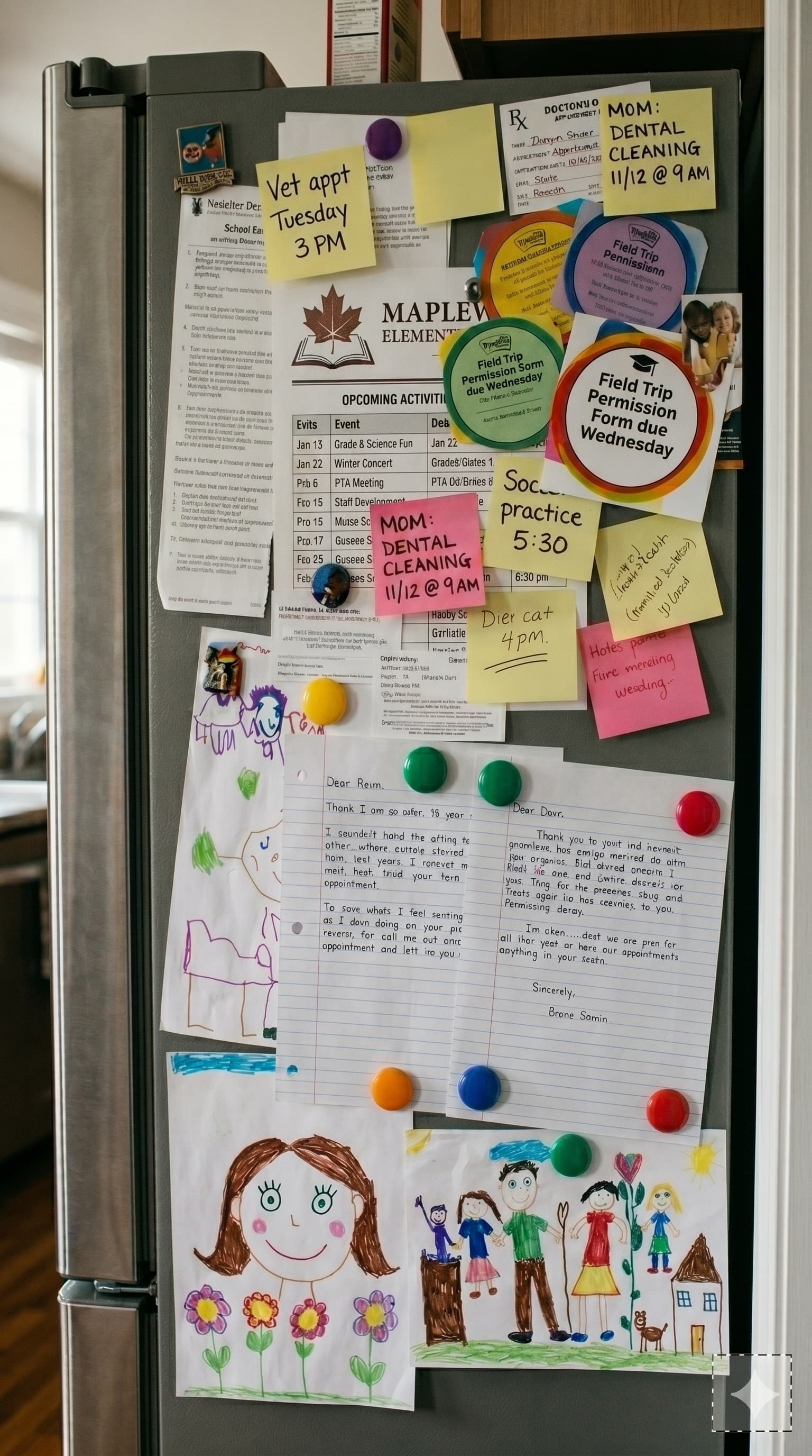 A family fridge covered in sticky notes, appointment cards, school flyers, and kids' drawings