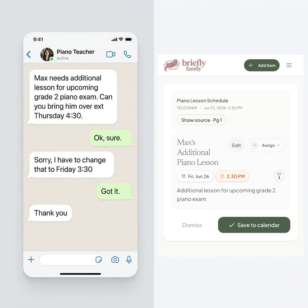 Piano lesson WhatsApp thread converted into a reviewed calendar event